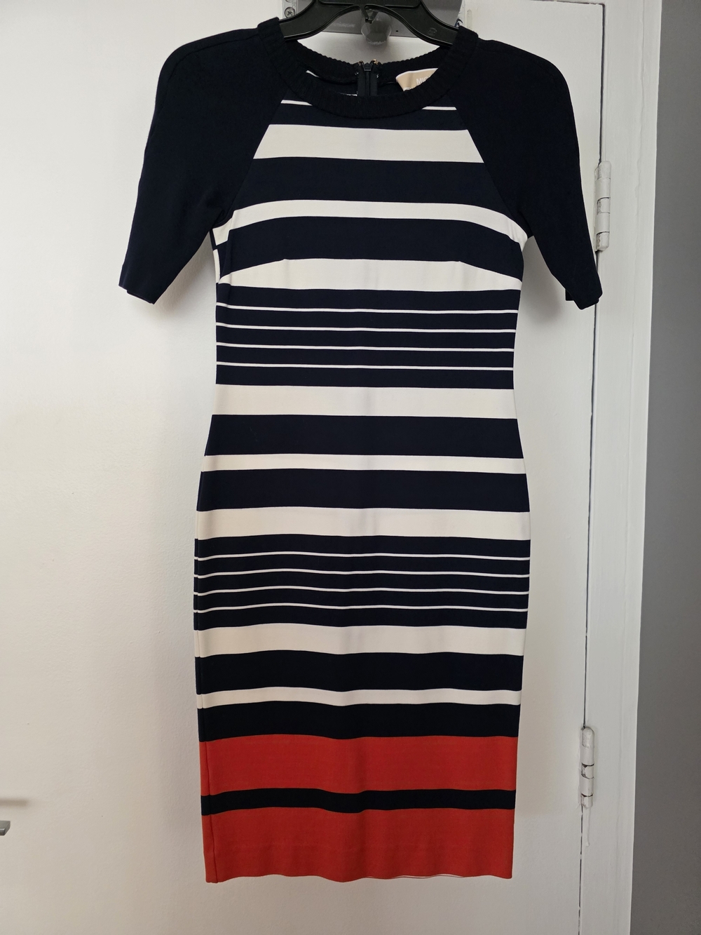 MICHAEL Michael Kors Navy, White & Orange Striped Midi Dress, Size 0